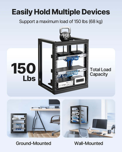 VEVOR 12U Wall Mount Server Rack, 150 lbs Max Load Capacity, Open Frame Network Rack with 180 Degrees Gate Swing, Carbon Steel, for 19-Inch IT Network Equipment & AV Devices Computer Server, Black - BGSJJ12U18YC9I110001V0 - view 4