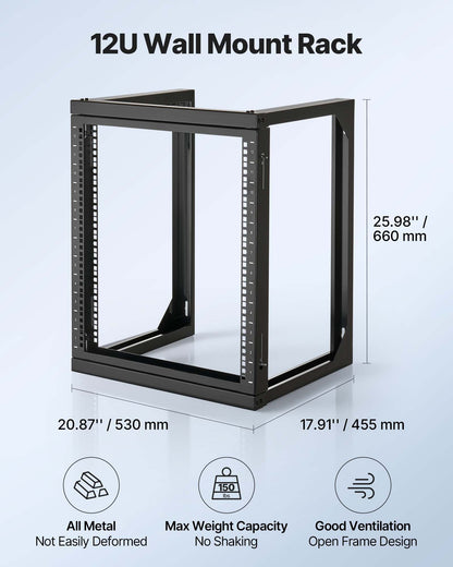 VEVOR 12U Wall Mount Server Rack, 150 lbs Max Load Capacity, Open Frame Network Rack with 180 Degrees Gate Swing, Carbon Steel, for 19-Inch IT Network Equipment & AV Devices Computer Server, Black - BGSJJ12U18YC9I110001V0 - view 5