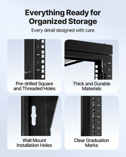 VEVOR 12U Wall Mount Server Rack, 150 lbs Max Load Capacity, Open Frame Network Rack with 180 Degrees Gate Swing, Carbon Steel, for 19-Inch IT Network Equipment & AV Devices Computer Server, Black - BGSJJ12U18YC9I110001V0 - view 6