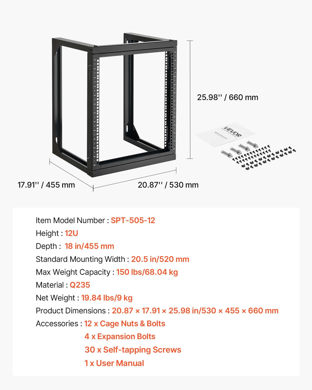 VEVOR 12U Wall Mount Server Rack, 150 lbs Max Load Capacity, Open Frame Network Rack with 180 Degrees Gate Swing, Carbon Steel, for 19-Inch IT Network Equipment & AV Devices Computer Server, Black - BGSJJ12U18YC9I110001V0 - view 8