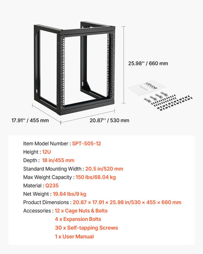 VEVOR 12U Wall Mount Server Rack, 150 lbs Max Load Capacity, Open Frame Network Rack with 180 Degrees Gate Swing, Carbon Steel, for 19-Inch IT Network Equipment & AV Devices Computer Server, Black - BGSJJ12U18YC9I110001V0 - view 8