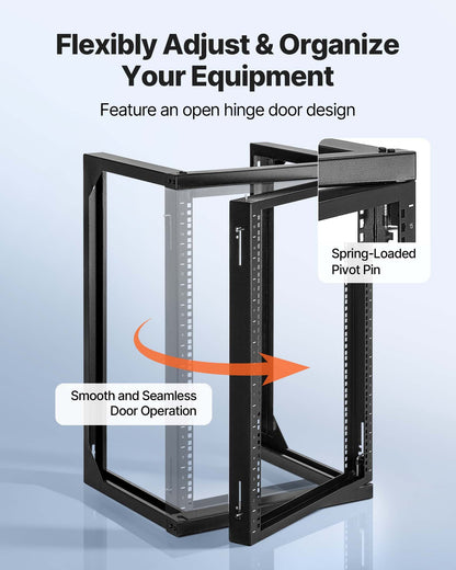 VEVOR 15U Wall Mount Server Rack, 150 lbs Max Load Capacity, Open Frame Network Rack with 180 Degrees Gate Swing, Carbon Steel, for 19-Inch IT Network Equipment & AV Devices Computer Server, Black - BGSJJ15U18YCEECU0001V0 - view 3