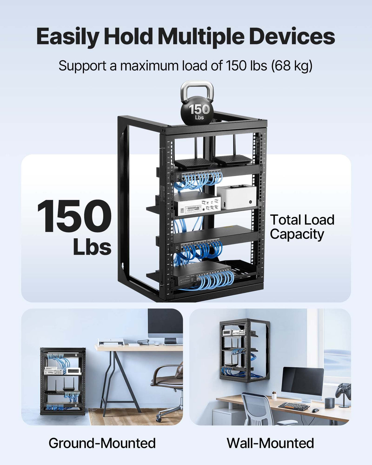 VEVOR 15U Wall Mount Server Rack, 150 lbs Max Load Capacity, Open Frame Network Rack with 180 Degrees Gate Swing, Carbon Steel, for 19-Inch IT Network Equipment & AV Devices Computer Server, Black - BGSJJ15U18YCEECU0001V0 - view 4