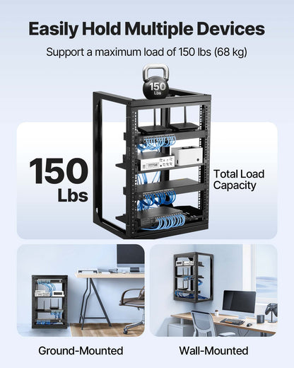 VEVOR 15U Wall Mount Server Rack, 150 lbs Max Load Capacity, Open Frame Network Rack with 180 Degrees Gate Swing, Carbon Steel, for 19-Inch IT Network Equipment & AV Devices Computer Server, Black - BGSJJ15U18YCEECU0001V0 - view 4