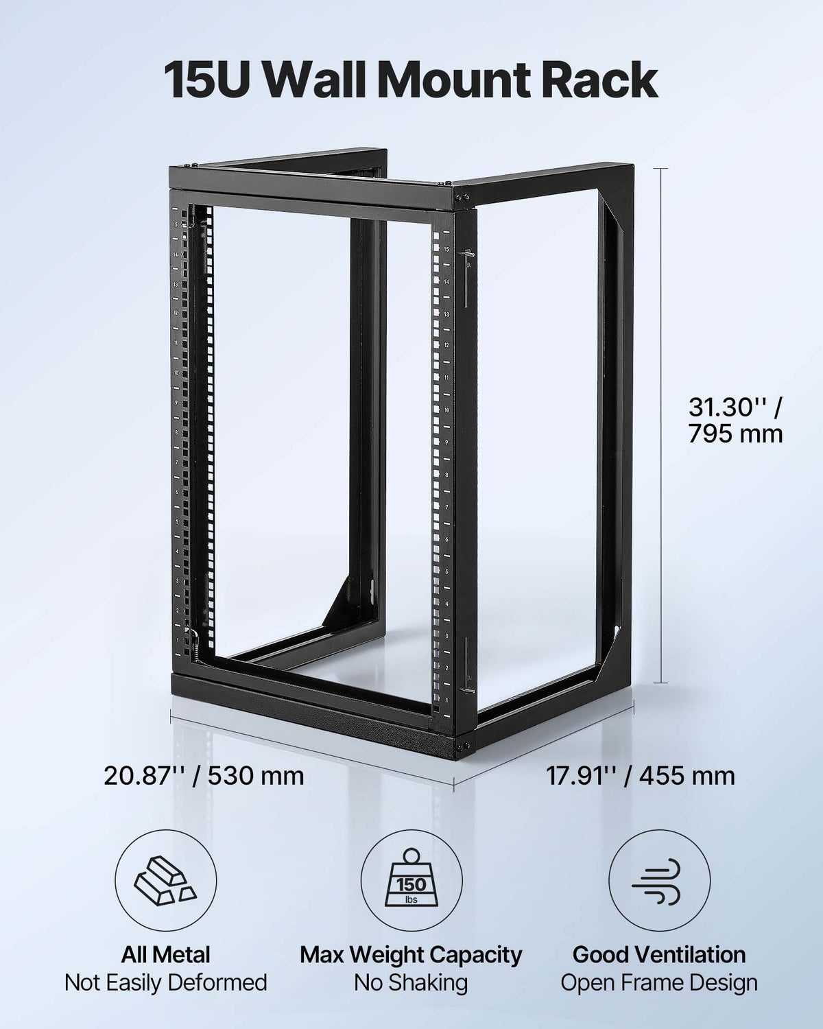 VEVOR 15U Wall Mount Server Rack, 150 lbs Max Load Capacity, Open Frame Network Rack with 180 Degrees Gate Swing, Carbon Steel, for 19-Inch IT Network Equipment & AV Devices Computer Server, Black - BGSJJ15U18YCEECU0001V0 - view 5