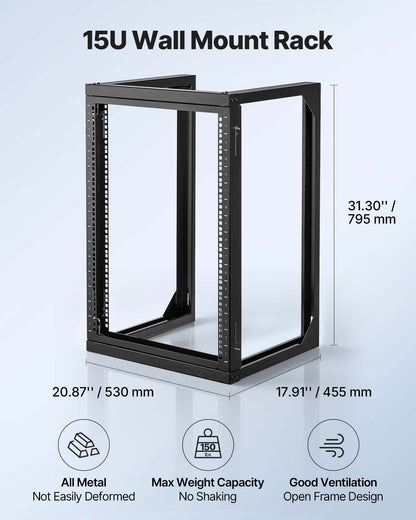 VEVOR 15U Wall Mount Server Rack, 150 lbs Max Load Capacity, Open Frame Network Rack with 180 Degrees Gate Swing, Carbon Steel, for 19-Inch IT Network Equipment & AV Devices Computer Server, Black - BGSJJ15U18YCEECU0001V0 - view 5