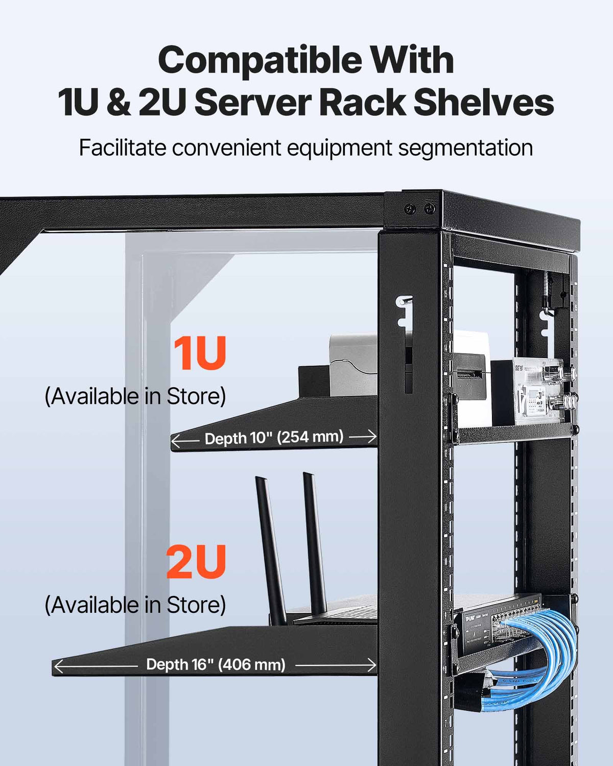 VEVOR 15U Wall Mount Server Rack, 150 lbs Max Load Capacity, Open Frame Network Rack with 180 Degrees Gate Swing, Carbon Steel, for 19-Inch IT Network Equipment & AV Devices Computer Server, Black - BGSJJ15U18YCEECU0001V0 - view 7