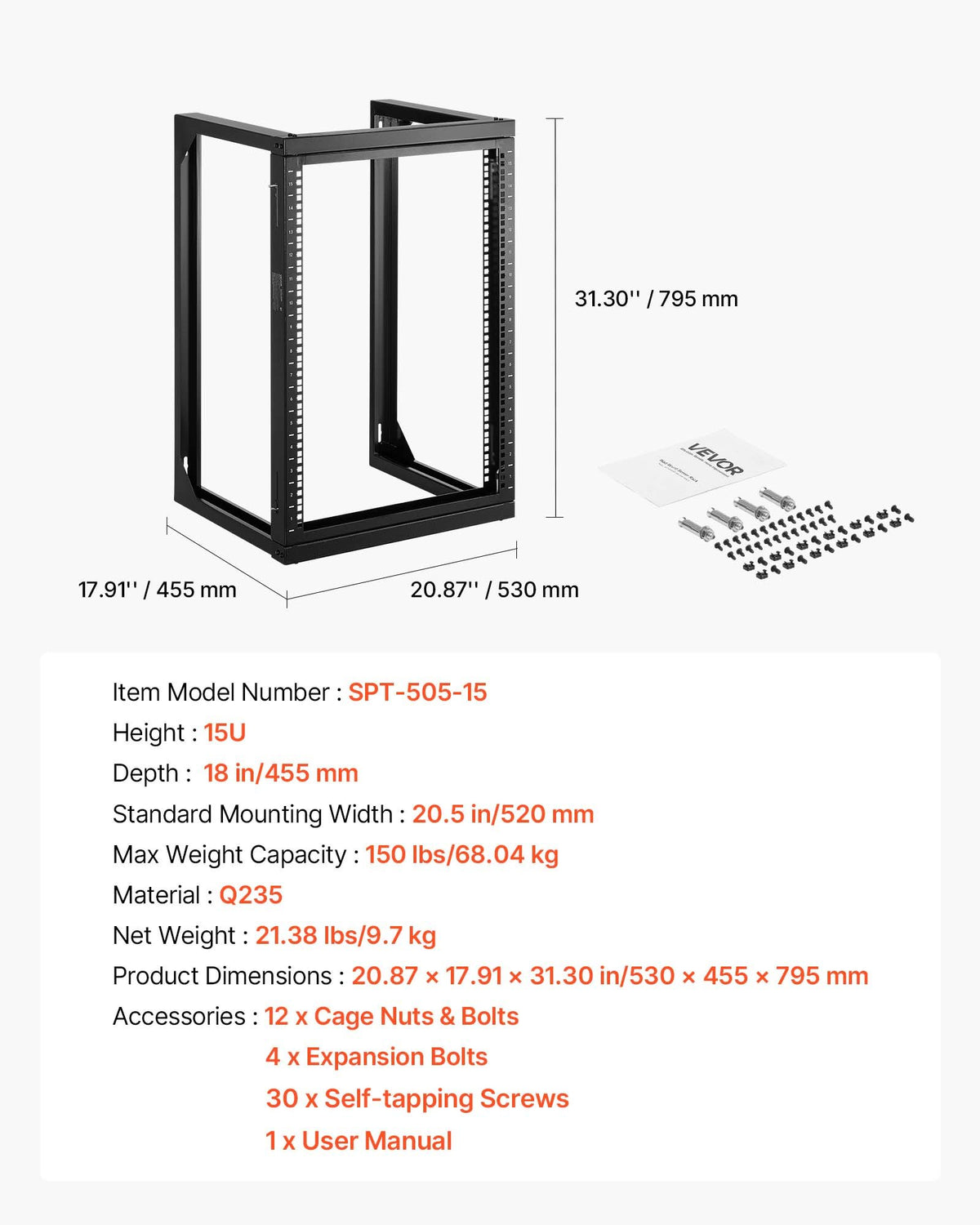 VEVOR 15U Wall Mount Server Rack, 150 lbs Max Load Capacity, Open Frame Network Rack with 180 Degrees Gate Swing, Carbon Steel, for 19-Inch IT Network Equipment & AV Devices Computer Server, Black - BGSJJ15U18YCEECU0001V0 - view 8