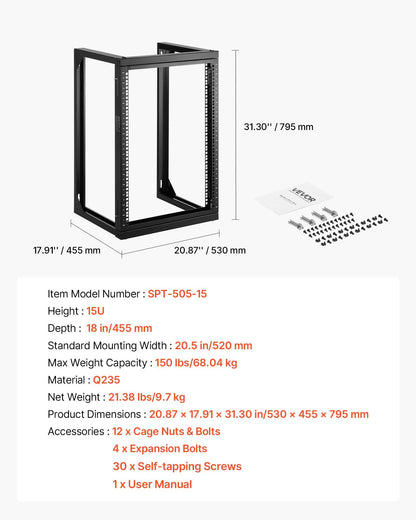 VEVOR 15U Wall Mount Server Rack, 150 lbs Max Load Capacity, Open Frame Network Rack with 180 Degrees Gate Swing, Carbon Steel, for 19-Inch IT Network Equipment & AV Devices Computer Server, Black - BGSJJ15U18YCEECU0001V0 - view 8
