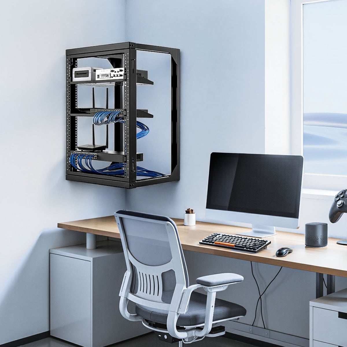 VEVOR 15U Wall Mount Server Rack, 150 lbs Max Load Capacity, Open Frame Network Rack with 180 Degrees Gate Swing, Carbon Steel, for 19-Inch IT Network Equipment & AV Devices Computer Server, Black - BGSJJ15U18YCEECU0001V0 - view 9