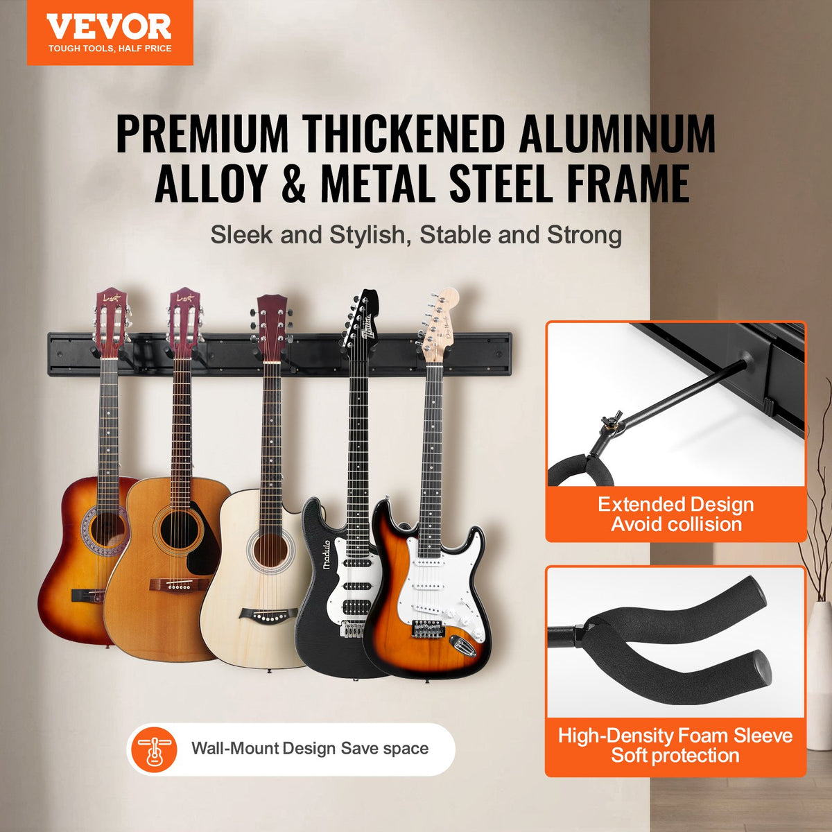 VEVOR 5-Space Guitar Stand, Hold Up to 5 Guitars, Wall-Mounted Multiple Guitars Display Foldable Rack with 270° Rotatable Hooks Aluminum Panels Installation Handle, for Guitar Acoustic Electric Bass - BGSJTZJ5J0002SAJUV0 - view 3