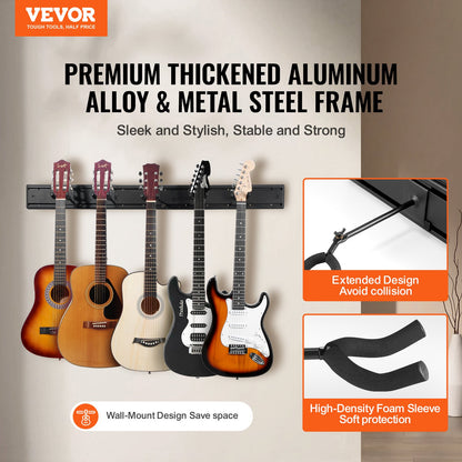 VEVOR 5-Space Guitar Stand, Hold Up to 5 Guitars, Wall-Mounted Multiple Guitars Display Foldable Rack with 270° Rotatable Hooks Aluminum Panels Installation Handle, for Guitar Acoustic Electric Bass - BGSJTZJ5J0002SAJUV0 - view 3