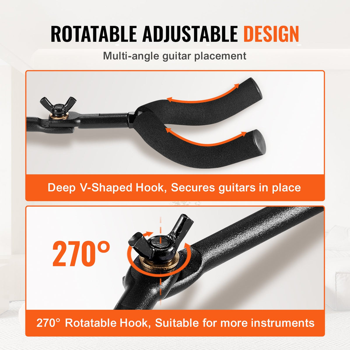 VEVOR 5-Space Guitar Stand, Hold Up to 5 Guitars, Wall-Mounted Multiple Guitars Display Foldable Rack with 270° Rotatable Hooks Aluminum Panels Installation Handle, for Guitar Acoustic Electric Bass - BGSJTZJ5J0002SAJUV0 - view 4