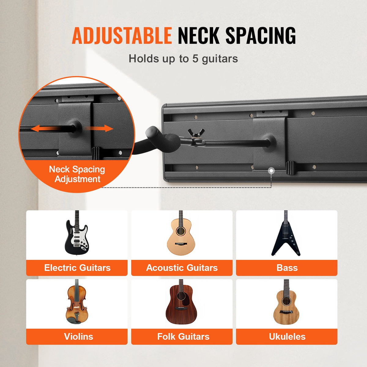 VEVOR 5-Space Guitar Stand, Hold Up to 5 Guitars, Wall-Mounted Multiple Guitars Display Foldable Rack with 270° Rotatable Hooks Aluminum Panels Installation Handle, for Guitar Acoustic Electric Bass - BGSJTZJ5J0002SAJUV0 - view 6