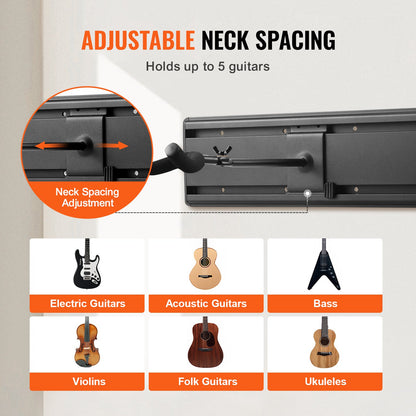VEVOR 5-Space Guitar Stand, Hold Up to 5 Guitars, Wall-Mounted Multiple Guitars Display Foldable Rack with 270° Rotatable Hooks Aluminum Panels Installation Handle, for Guitar Acoustic Electric Bass - BGSJTZJ5J0002SAJUV0 - view 6