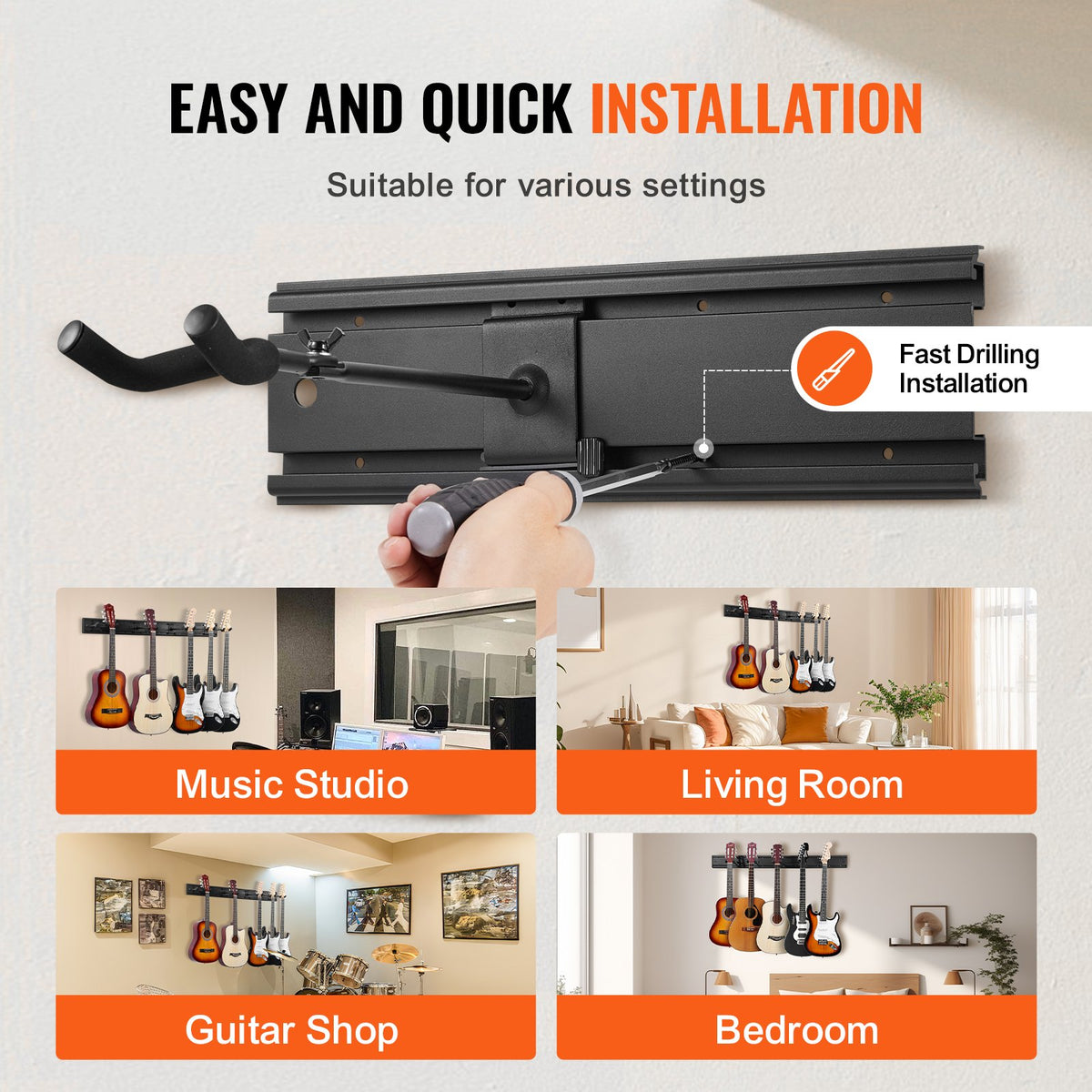VEVOR 5-Space Guitar Stand, Hold Up to 5 Guitars, Wall-Mounted Multiple Guitars Display Foldable Rack with 270° Rotatable Hooks Aluminum Panels Installation Handle, for Guitar Acoustic Electric Bass - BGSJTZJ5J0002SAJUV0 - view 7
