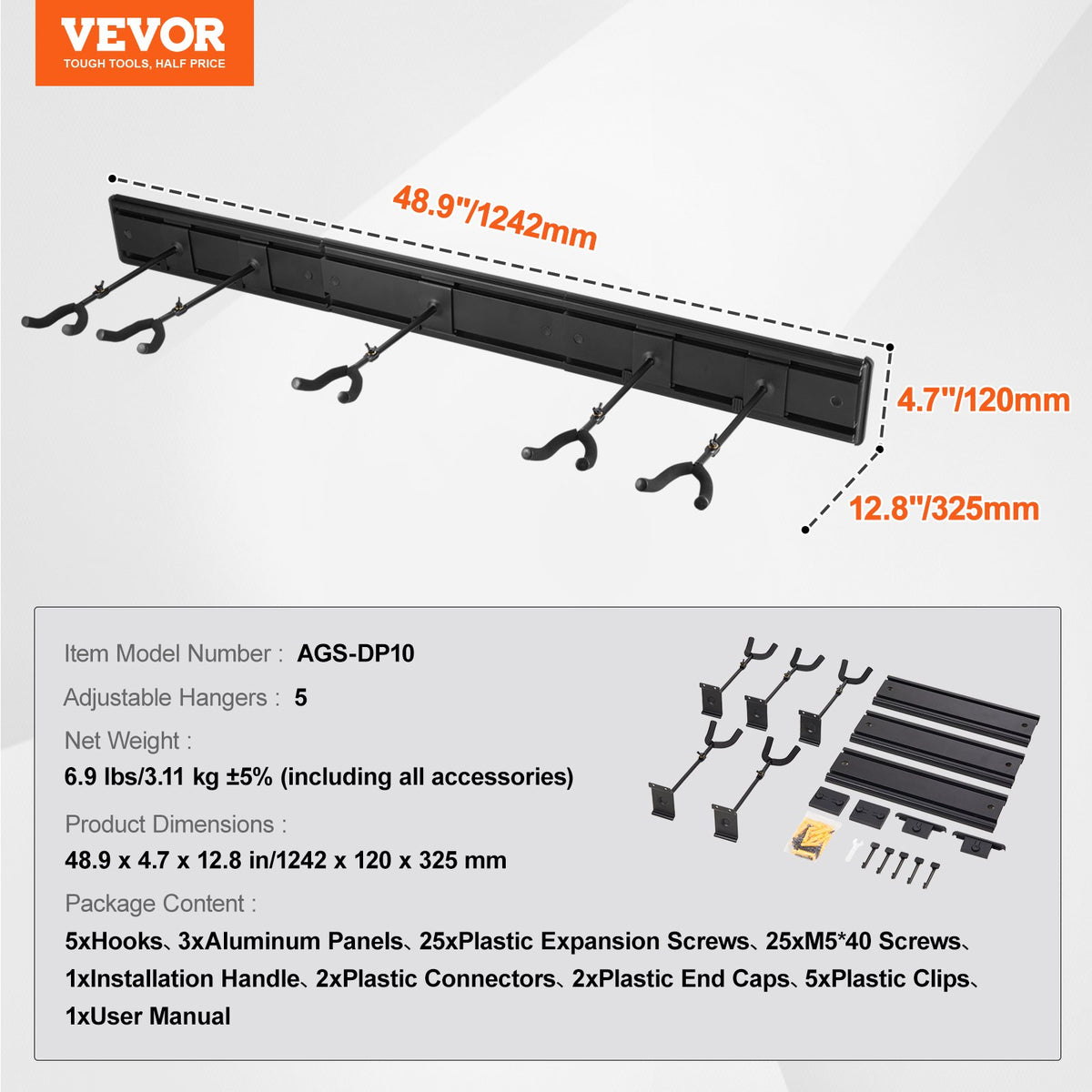 VEVOR 5-Space Guitar Stand, Hold Up to 5 Guitars, Wall-Mounted Multiple Guitars Display Foldable Rack with 270° Rotatable Hooks Aluminum Panels Installation Handle, for Guitar Acoustic Electric Bass - BGSJTZJ5J0002SAJUV0 - view 8