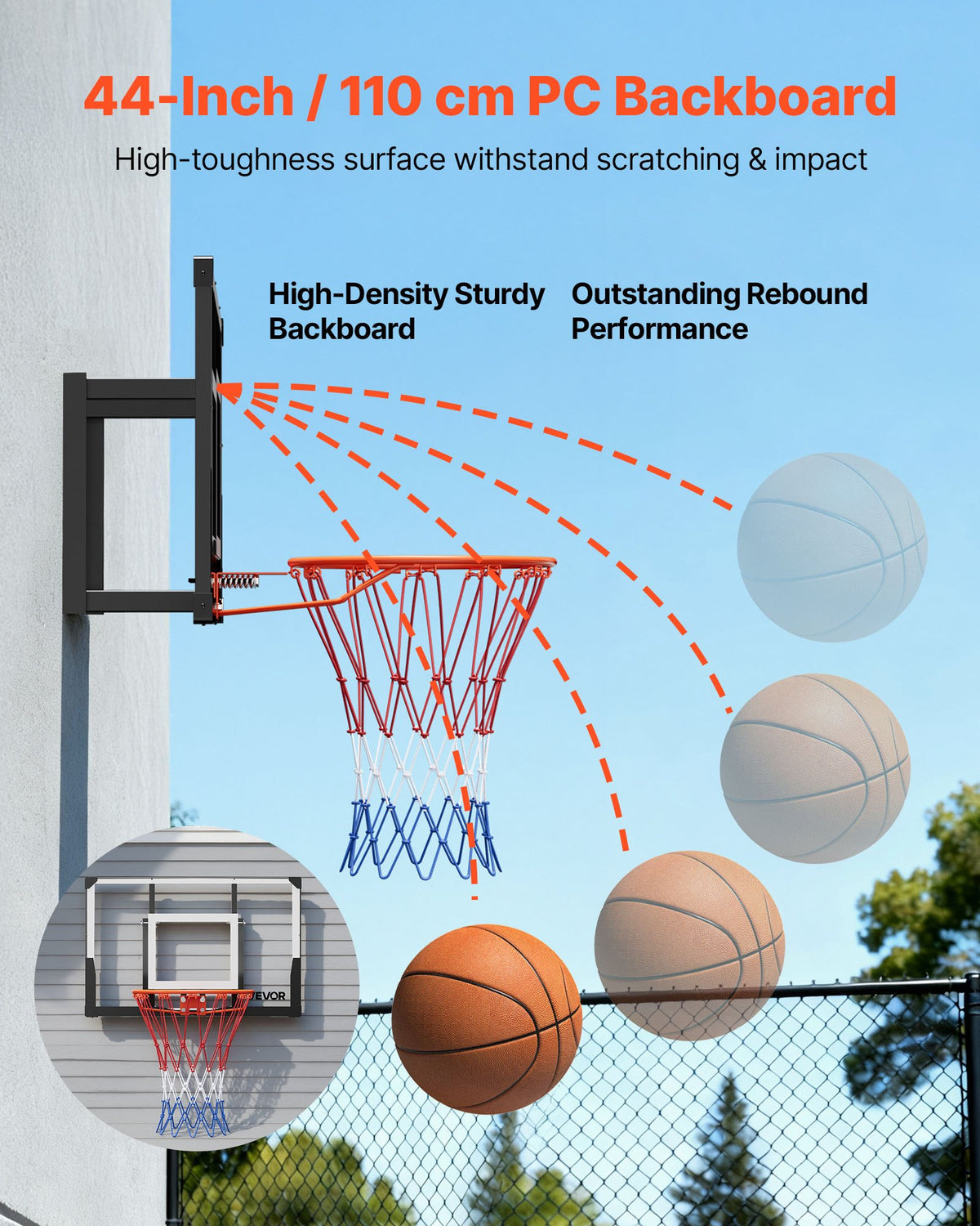 VEVOR Wall Mount Basketball Hoop, 44-inch PC Backboard Mounted Basketball Hoop Outdoor with Solid Steel, 0.08 inch Thickened Backboard, Thickened Woven Nylon Basketballs Net, Indoor & Outdoor Use - BGSLQJ44CLMSZ7APW001V0 - view 5