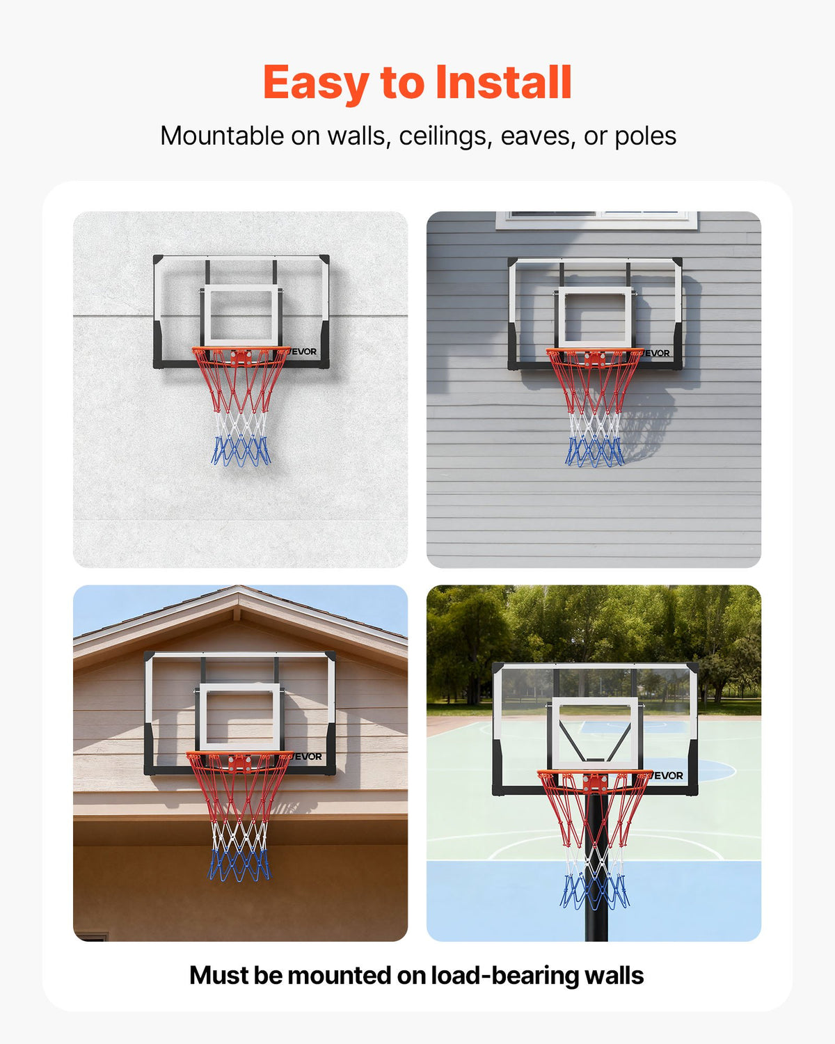 VEVOR Wall Mount Basketball Hoop, 44-inch PC Backboard Mounted Basketball Hoop Outdoor with Solid Steel, 0.08 inch Thickened Backboard, Thickened Woven Nylon Basketballs Net, Indoor & Outdoor Use - BGSLQJ44CLMSZ7APW001V0 - view 7