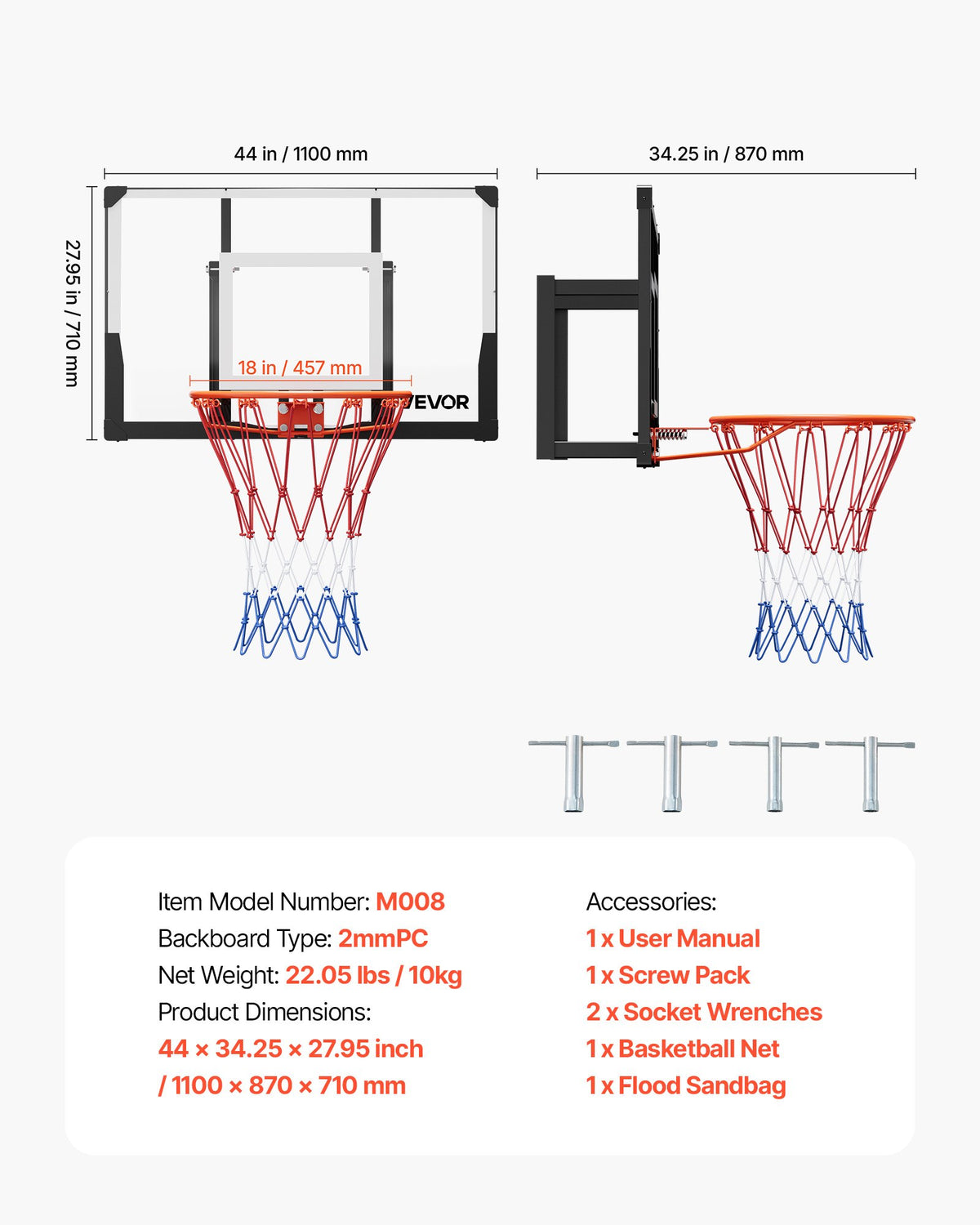 VEVOR Wall Mount Basketball Hoop, 44-inch PC Backboard Mounted Basketball Hoop Outdoor with Solid Steel, 0.08 inch Thickened Backboard, Thickened Woven Nylon Basketballs Net, Indoor & Outdoor Use - BGSLQJ44CLMSZ7APW001V0 - view 8