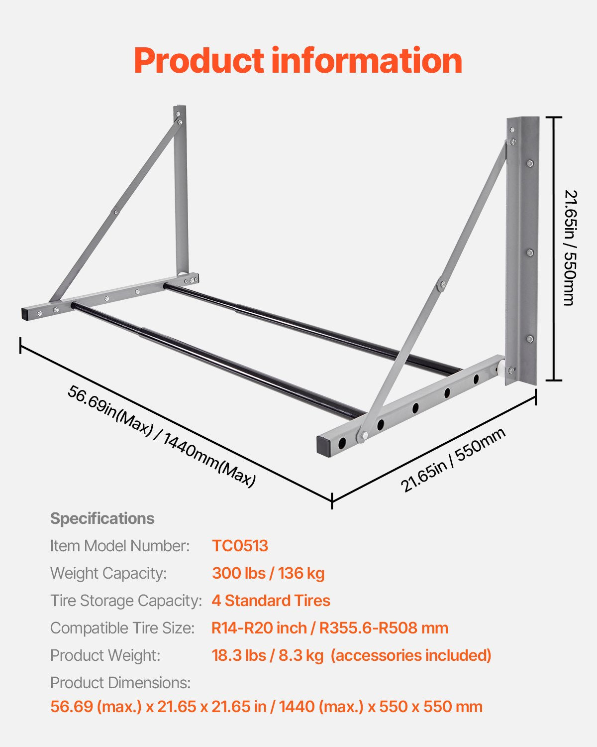 VEVOR Wall Mounted Folding Tire Rack, 32" - 48" Adjustable Tire Rack, Q235 Heavy-Duty Steel Tire Storage Rack for R14-R20 inch Standard Tires, Max 300lbs Load Capacity for Garage Workshop Repair Shop - BGSLTJKDKDJ3PDEVOV0 - view 8