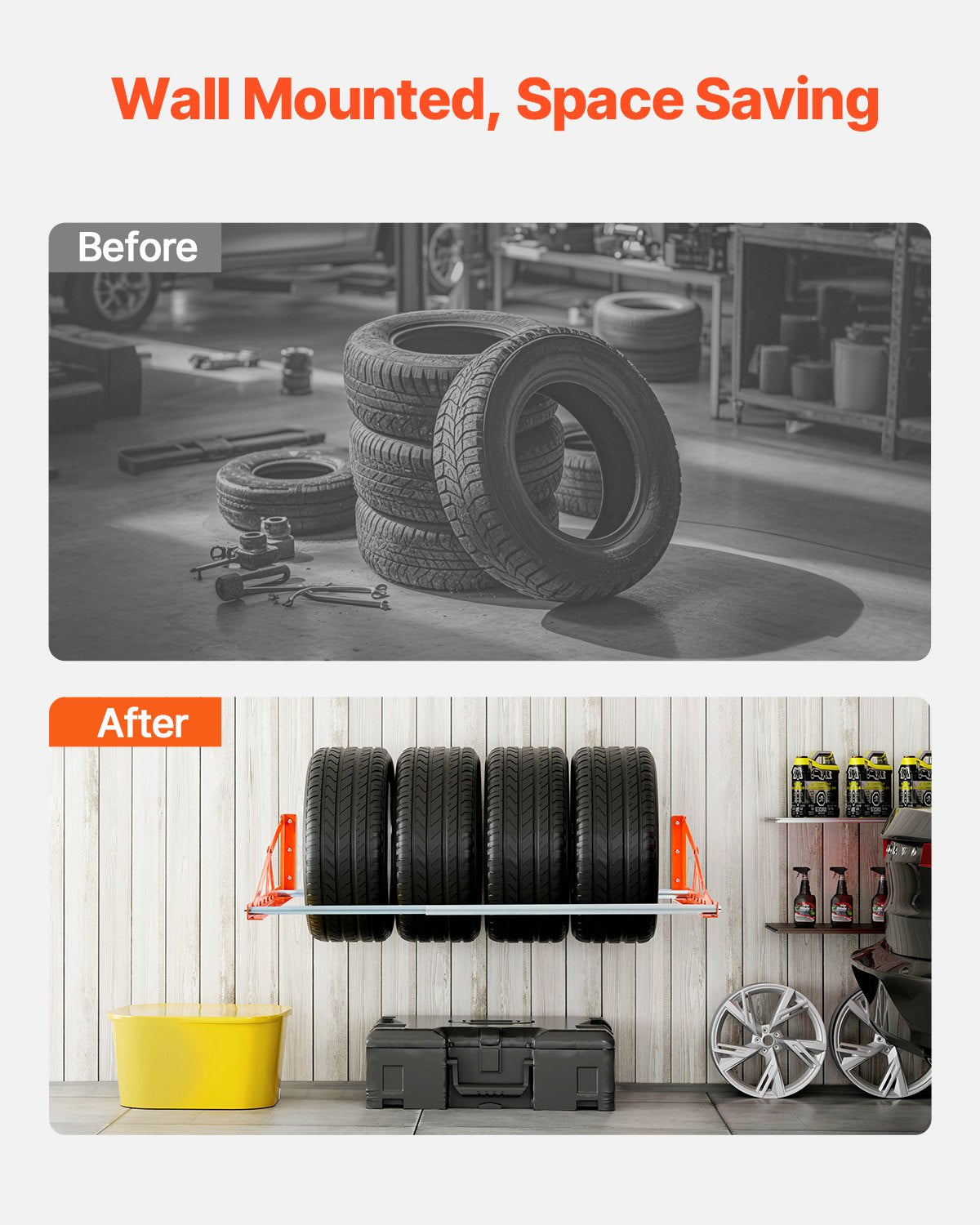 VEVOR Wall Mounted Tire Rack, 31" - 56" Adjustable Tire Rack, Q235 Heavy-Duty Steel Tire Storage Rack for R14-R20 inch Standard Tires, Max 400lbs Load Capacity, Ideal for Garage Workshop Repair Shop - BGSLTJKDKDJ3ZQN92V0 - view 6