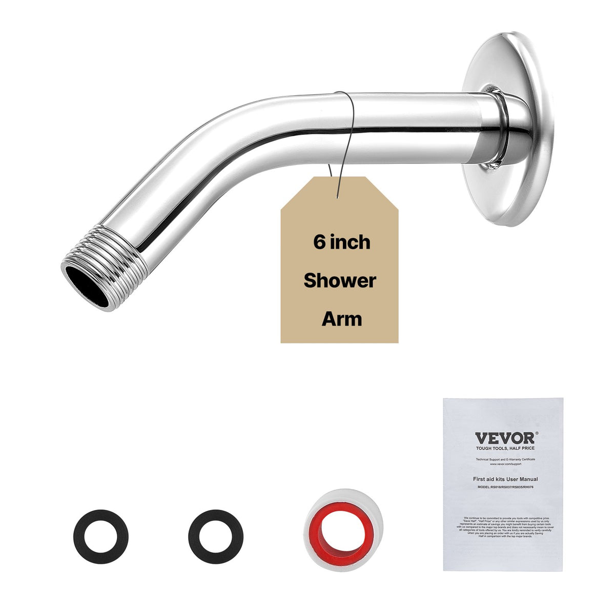 VEVOR Shower Arm with Flange, 6 Inches, Wall Mounted Stainless Steel Shower Head Arm Extender, Chrome Finish, PTFE Tape, G1/2 Universal Thread Connector Compatible, for Fixed & Handheld Showerhead - BGSLYBYZJYFLXQKGQ001V0 - view 1
