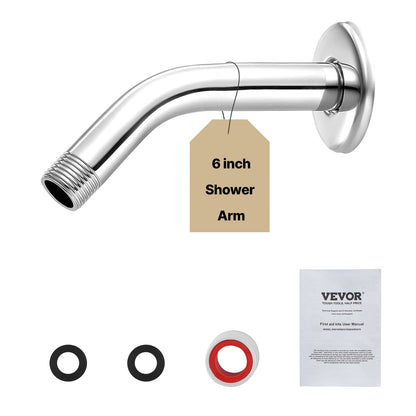 VEVOR Shower Arm with Flange, 6 Inches, Wall Mounted Stainless Steel Shower Head Arm Extender, Chrome Finish, PTFE Tape, G1/2 Universal Thread Connector Compatible, for Fixed & Handheld Showerhead - BGSLYBYZJYFLXQKGQ001V0 - view 1