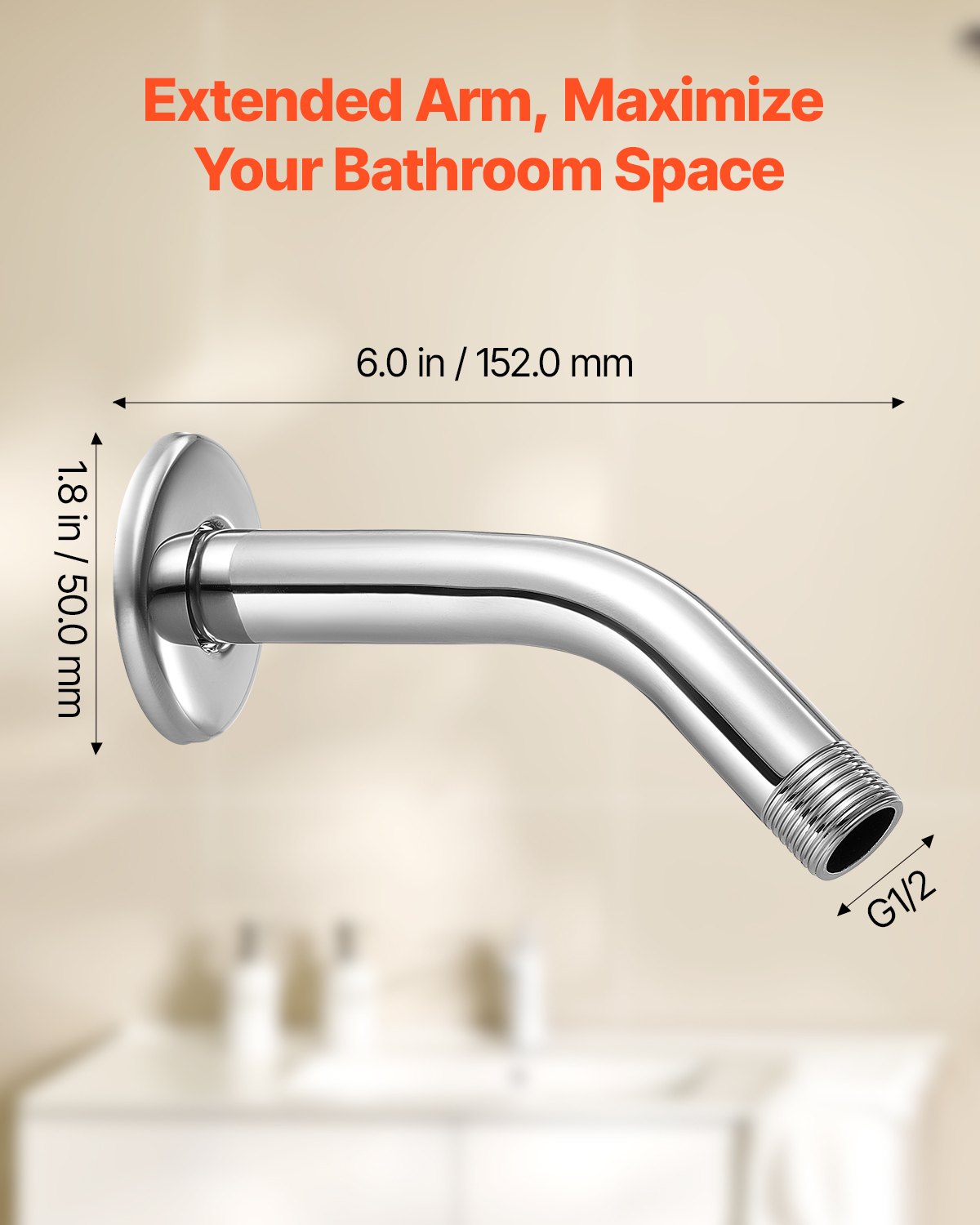 VEVOR Shower Arm with Flange, 6 Inches, Wall Mounted Stainless Steel Shower Head Arm Extender, Chrome Finish, PTFE Tape, G1/2 Universal Thread Connector Compatible, for Fixed & Handheld Showerhead - BGSLYBYZJYFLXQKGQ001V0 - view 5
