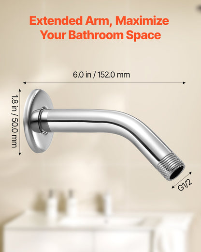 VEVOR Shower Arm with Flange, 6 Inches, Wall Mounted Stainless Steel Shower Head Arm Extender, Chrome Finish, PTFE Tape, G1/2 Universal Thread Connector Compatible, for Fixed & Handheld Showerhead - BGSLYBYZJYFLXQKGQ001V0 - view 5