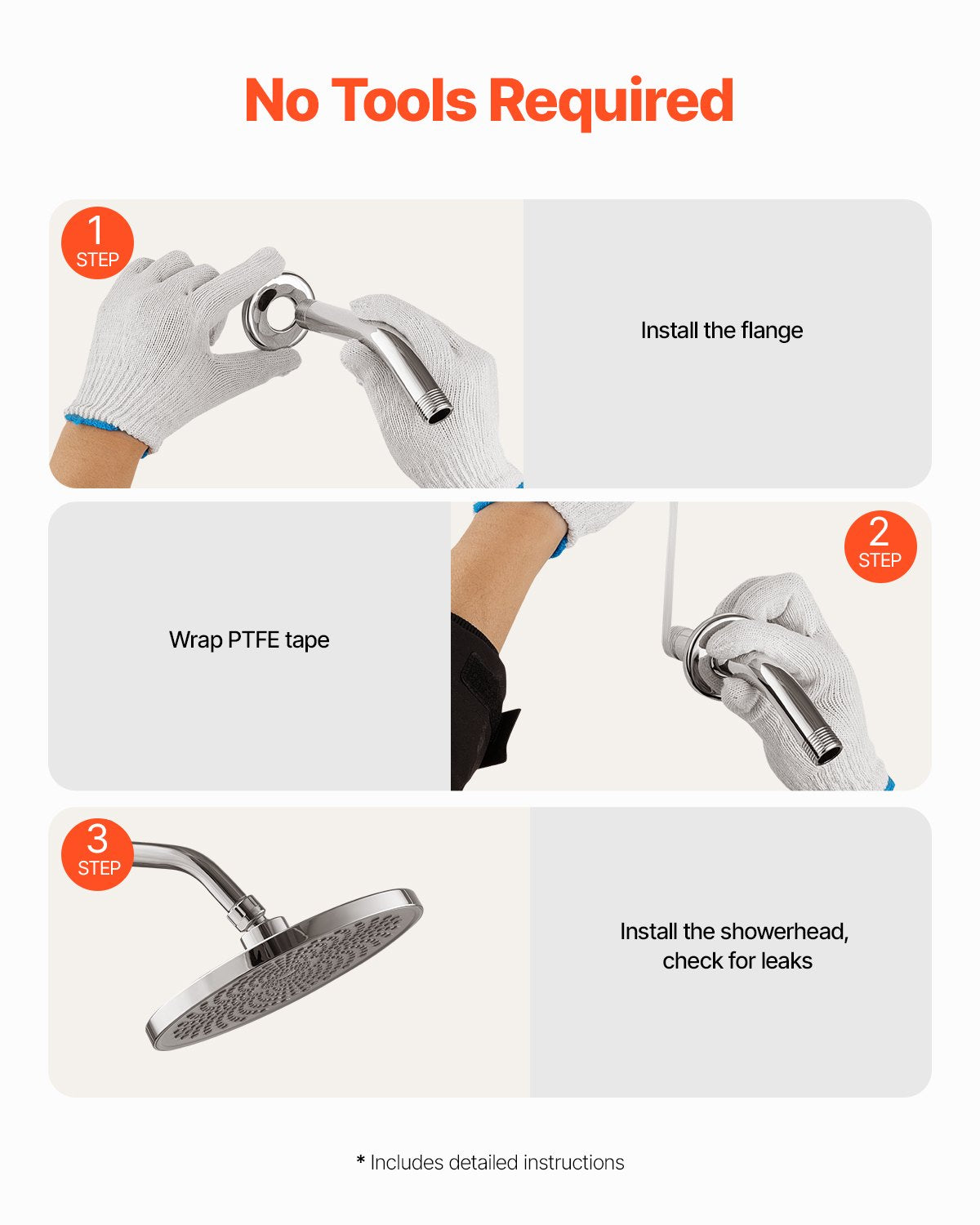 VEVOR Shower Arm with Flange, 6 Inches, Wall Mounted Stainless Steel Shower Head Arm Extender, Chrome Finish, PTFE Tape, G1/2 Universal Thread Connector Compatible, for Fixed & Handheld Showerhead - BGSLYBYZJYFLXQKGQ001V0 - view 7