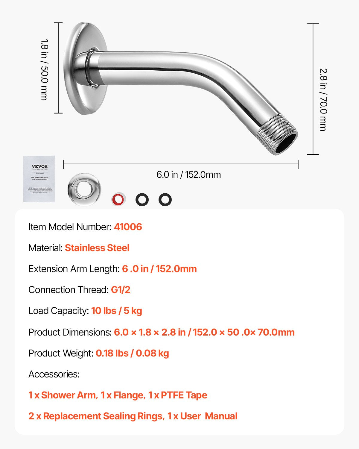 VEVOR Shower Arm with Flange, 6 Inches, Wall Mounted Stainless Steel Shower Head Arm Extender, Chrome Finish, PTFE Tape, G1/2 Universal Thread Connector Compatible, for Fixed & Handheld Showerhead - BGSLYBYZJYFLXQKGQ001V0 - view 8