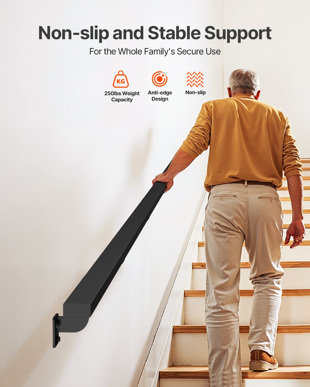 VEVOR Wall Mounted Stair Handrail, 15ft Black Aluminum Staircase Handrail Indoor, 250lbs Load Capacity, Industrial Railing Hand Rail for Steps, Square Tube for Loft Porch Deck, 6 Sections - BGSLZFGFS15FDI96P001V0 - view 3