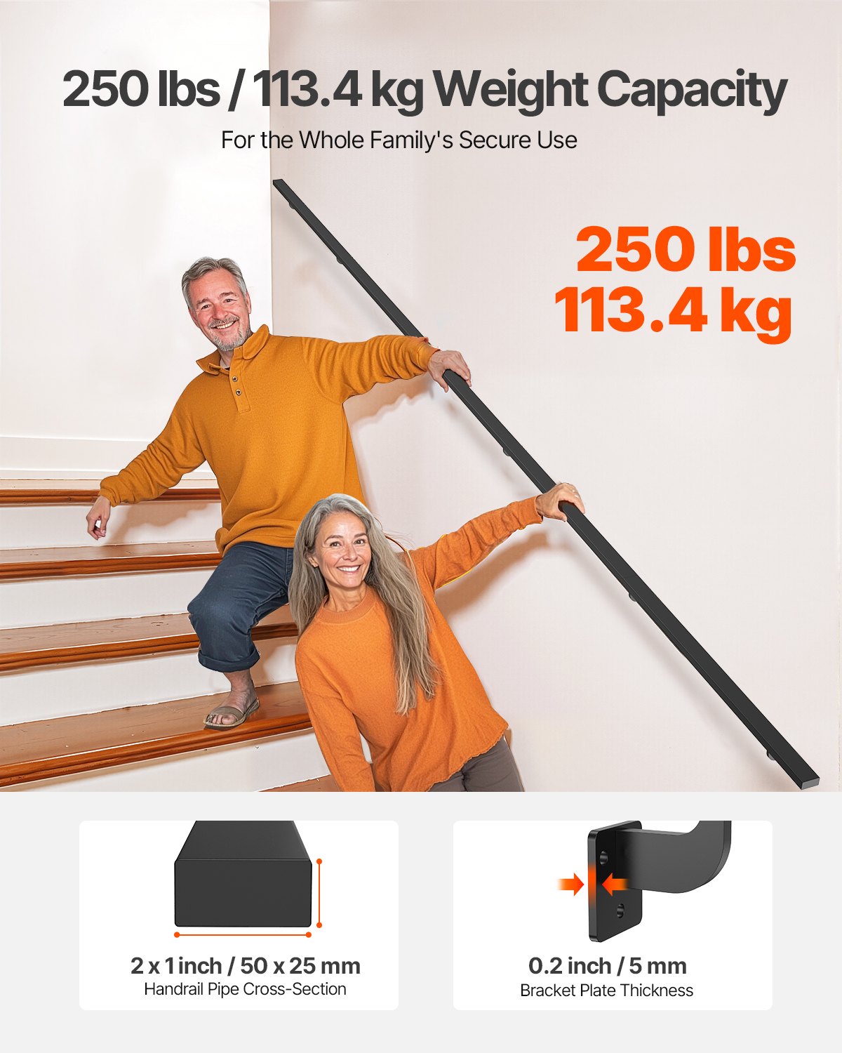 VEVOR Wall Mounted Stair Handrail, 15ft Black Aluminum Staircase Handrail Indoor, 250lbs Load Capacity, Industrial Railing Hand Rail for Steps, Square Tube for Loft Porch Deck, 6 Sections - BGSLZFGFS15FDI96P001V0 - view 4