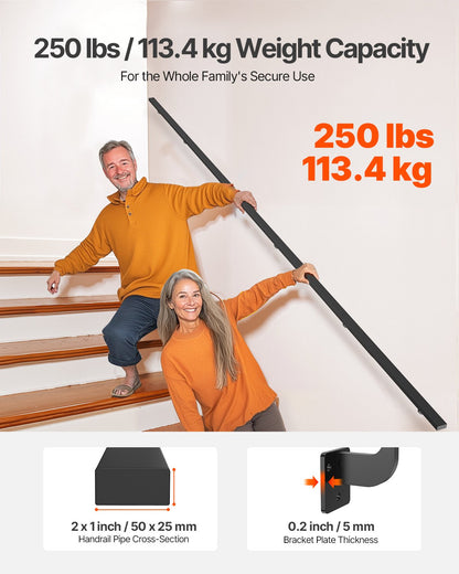 VEVOR Wall Mounted Stair Handrail, 15ft Black Aluminum Staircase Handrail Indoor, 250lbs Load Capacity, Industrial Railing Hand Rail for Steps, Square Tube for Loft Porch Deck, 6 Sections - BGSLZFGFS15FDI96P001V0 - view 4