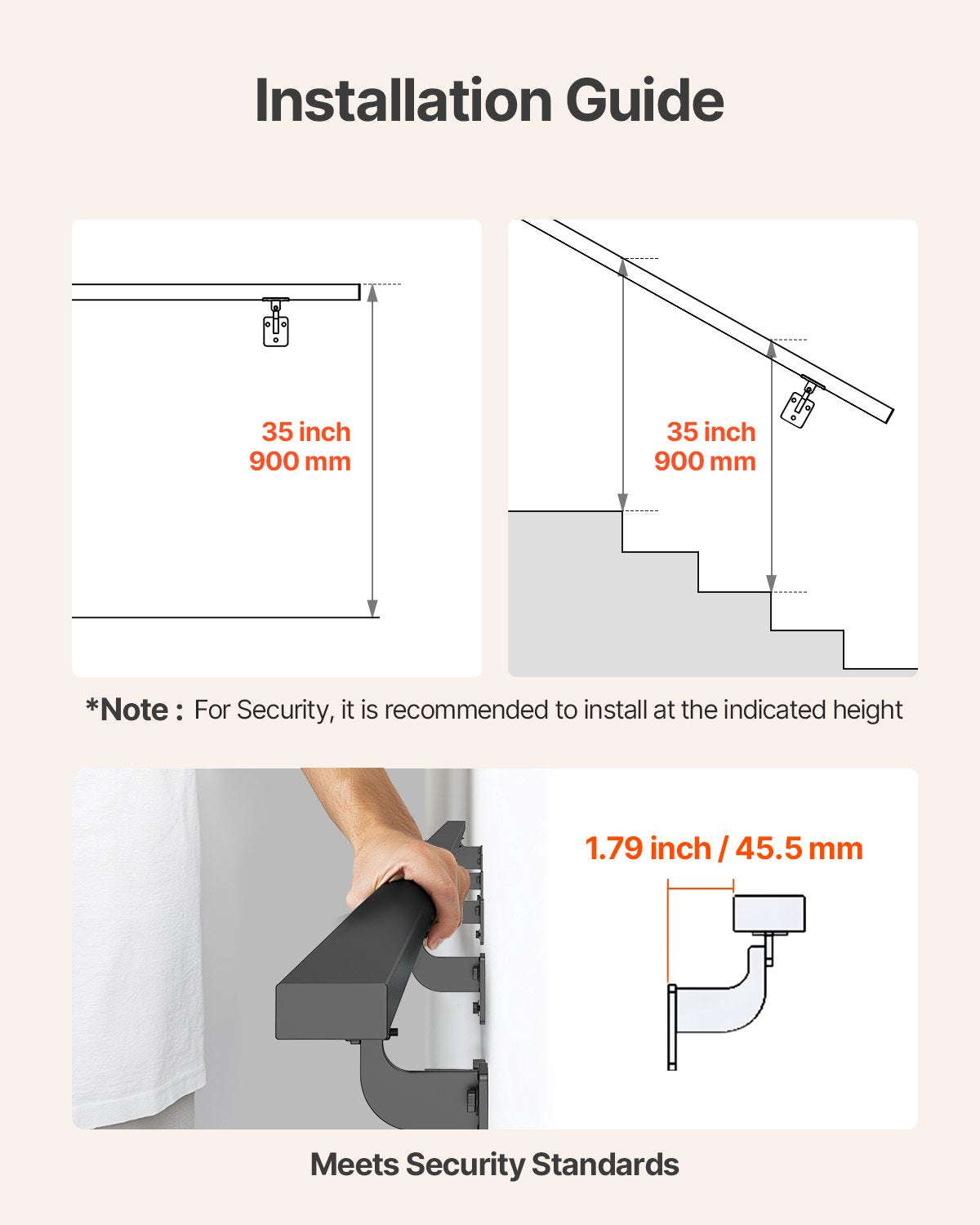 VEVOR Wall Mounted Stair Handrail, 15ft Black Aluminum Staircase Handrail Indoor, 250lbs Load Capacity, Industrial Railing Hand Rail for Steps, Square Tube for Loft Porch Deck, 6 Sections - BGSLZFGFS15FDI96P001V0 - view 5