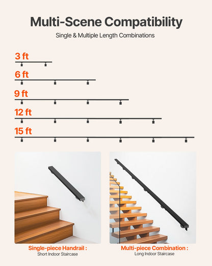 VEVOR Wall Mounted Stair Handrail, 15ft Black Aluminum Staircase Handrail Indoor, 250lbs Load Capacity, Industrial Railing Hand Rail for Steps, Square Tube for Loft Porch Deck, 6 Sections - BGSLZFGFS15FDI96P001V0 - view 6