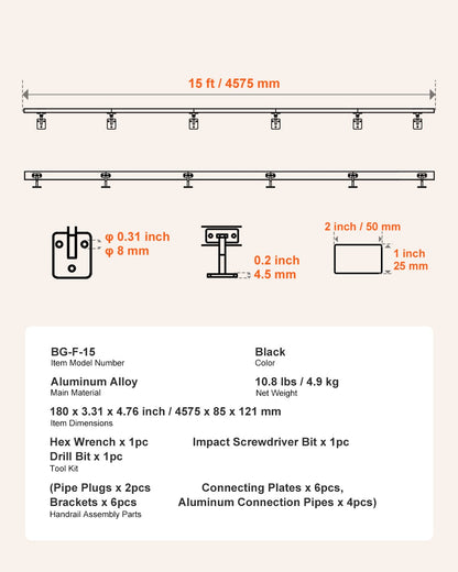 VEVOR Wall Mounted Stair Handrail, 15ft Black Aluminum Staircase Handrail Indoor, 250lbs Load Capacity, Industrial Railing Hand Rail for Steps, Square Tube for Loft Porch Deck, 6 Sections - BGSLZFGFS15FDI96P001V0 - view 8