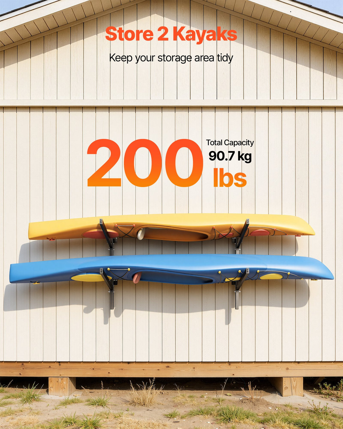 VEVOR Kayak Storage Rack for 2 Kayaks, Holds 200 lbs, Heavy Duty Adjustable Wall Mount Stand for Indoor Outdoor Garage Shed Dock, Storage Holder for Canoe, Small Boat, SUP, Surfboard & Paddleboard - BGSPHTZJZJ2S9VSED001V0 - view 3