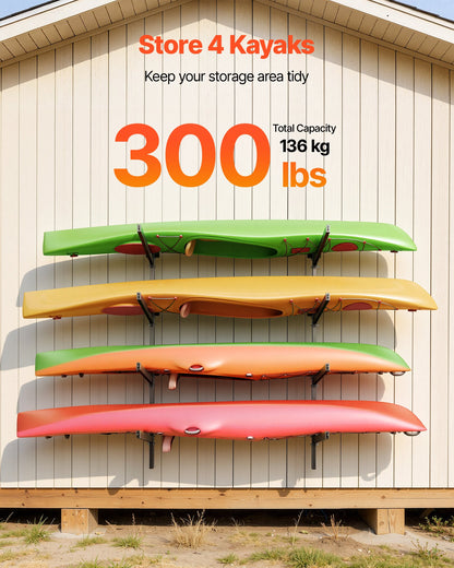 VEVOR Kayak Storage Rack for 4 Kayaks, Holds 300 lbs, Heavy Duty Adjustable Wall Mount Stand for Indoor Outdoor Garage Shed Dock, Storage Holder for Canoe, Small Boat, SUP, Surfboard & Paddleboard - BGSPHTZJZJ4SJ71E2001V0 - view 3