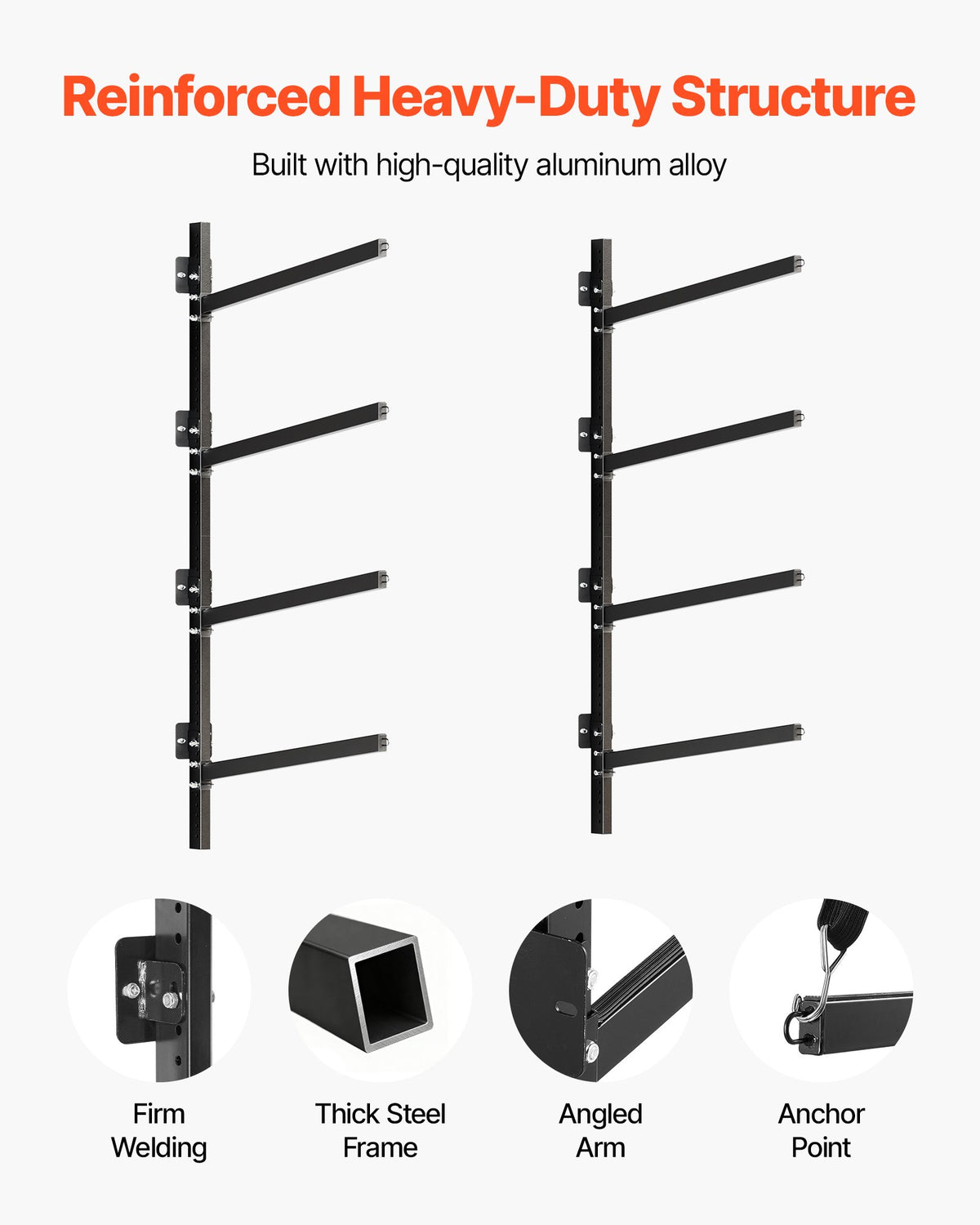 VEVOR Kayak Storage Rack for 4 Kayaks, Holds 300 lbs, Heavy Duty Adjustable Wall Mount Stand for Indoor Outdoor Garage Shed Dock, Storage Holder for Canoe, Small Boat, SUP, Surfboard & Paddleboard - BGSPHTZJZJ4SJ71E2001V0 - view 5