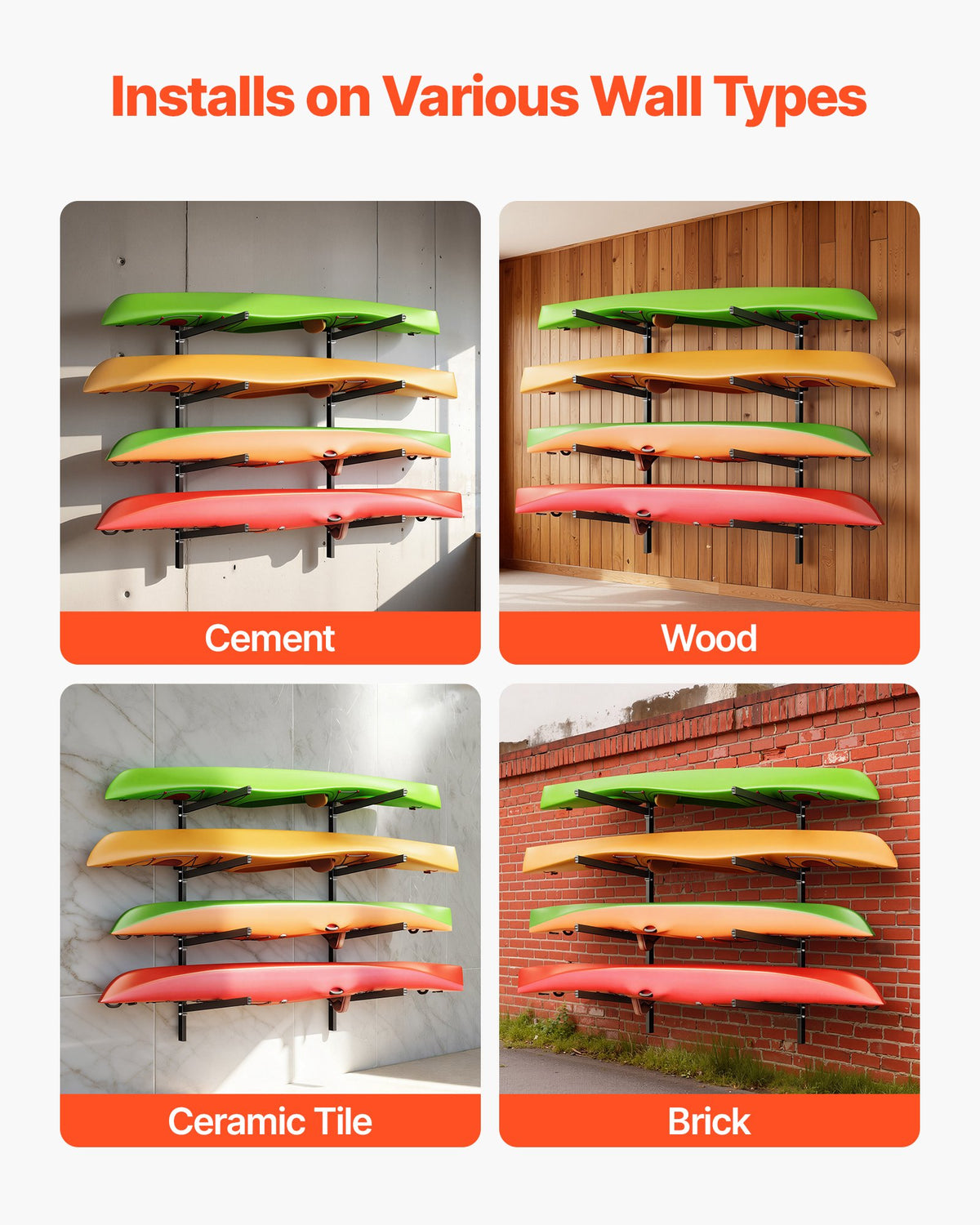VEVOR Kayak Storage Rack for 4 Kayaks, Holds 300 lbs, Heavy Duty Adjustable Wall Mount Stand for Indoor Outdoor Garage Shed Dock, Storage Holder for Canoe, Small Boat, SUP, Surfboard & Paddleboard - BGSPHTZJZJ4SJ71E2001V0 - view 7