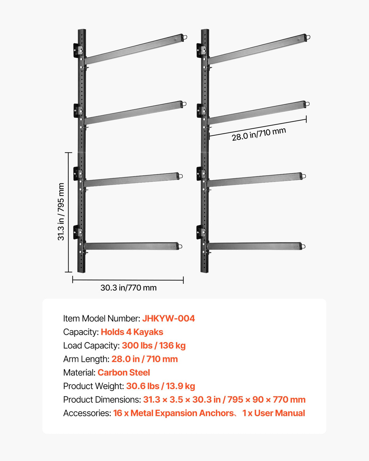 VEVOR Kayak Storage Rack for 4 Kayaks, Holds 300 lbs, Heavy Duty Adjustable Wall Mount Stand for Indoor Outdoor Garage Shed Dock, Storage Holder for Canoe, Small Boat, SUP, Surfboard & Paddleboard - BGSPHTZJZJ4SJ71E2001V0 - view 8