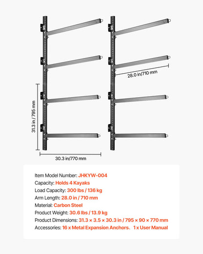 VEVOR Kayak Storage Rack for 4 Kayaks, Holds 300 lbs, Heavy Duty Adjustable Wall Mount Stand for Indoor Outdoor Garage Shed Dock, Storage Holder for Canoe, Small Boat, SUP, Surfboard & Paddleboard - BGSPHTZJZJ4SJ71E2001V0 - view 8