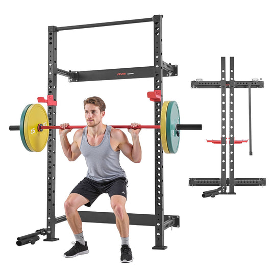 VEVOR Folding Power Cage, Wall-Mounted Power Rack Squat Rack, Multifunctional Strength Training Workout Equipment with Landmine Holder, Adjustable J-Hooks & Pull-Up Bar for Home Gym, 1000LBS Capacity - BGSSDJKZD000GAF2E001V0 - view 1