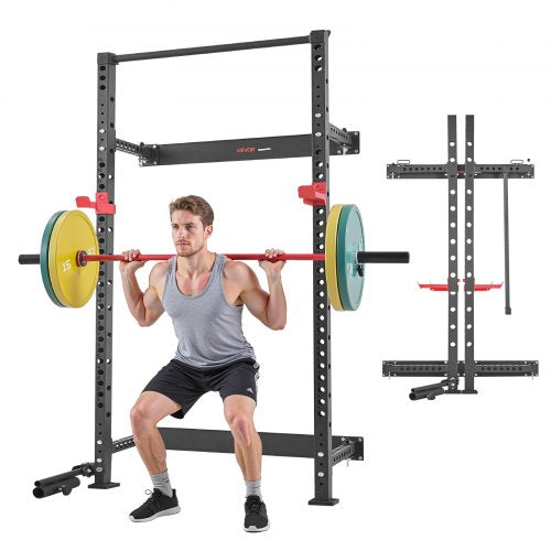 VEVOR Folding Power Cage, Wall-Mounted Power Rack Squat Rack, Multifunctional Strength Training Workout Equipment with Landmine Holder, Adjustable J-Hooks & Pull-Up Bar for Home Gym, 1000LBS Capacity - BGSSDJKZD000GAF2E001V0 - view 2