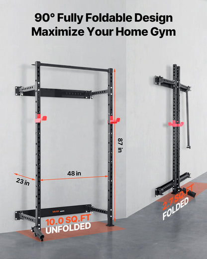 VEVOR Folding Power Cage, Wall-Mounted Power Rack Squat Rack, Multifunctional Strength Training Workout Equipment with Landmine Holder, Adjustable J-Hooks & Pull-Up Bar for Home Gym, 1000LBS Capacity - BGSSDJKZD000GAF2E001V0 - view 3