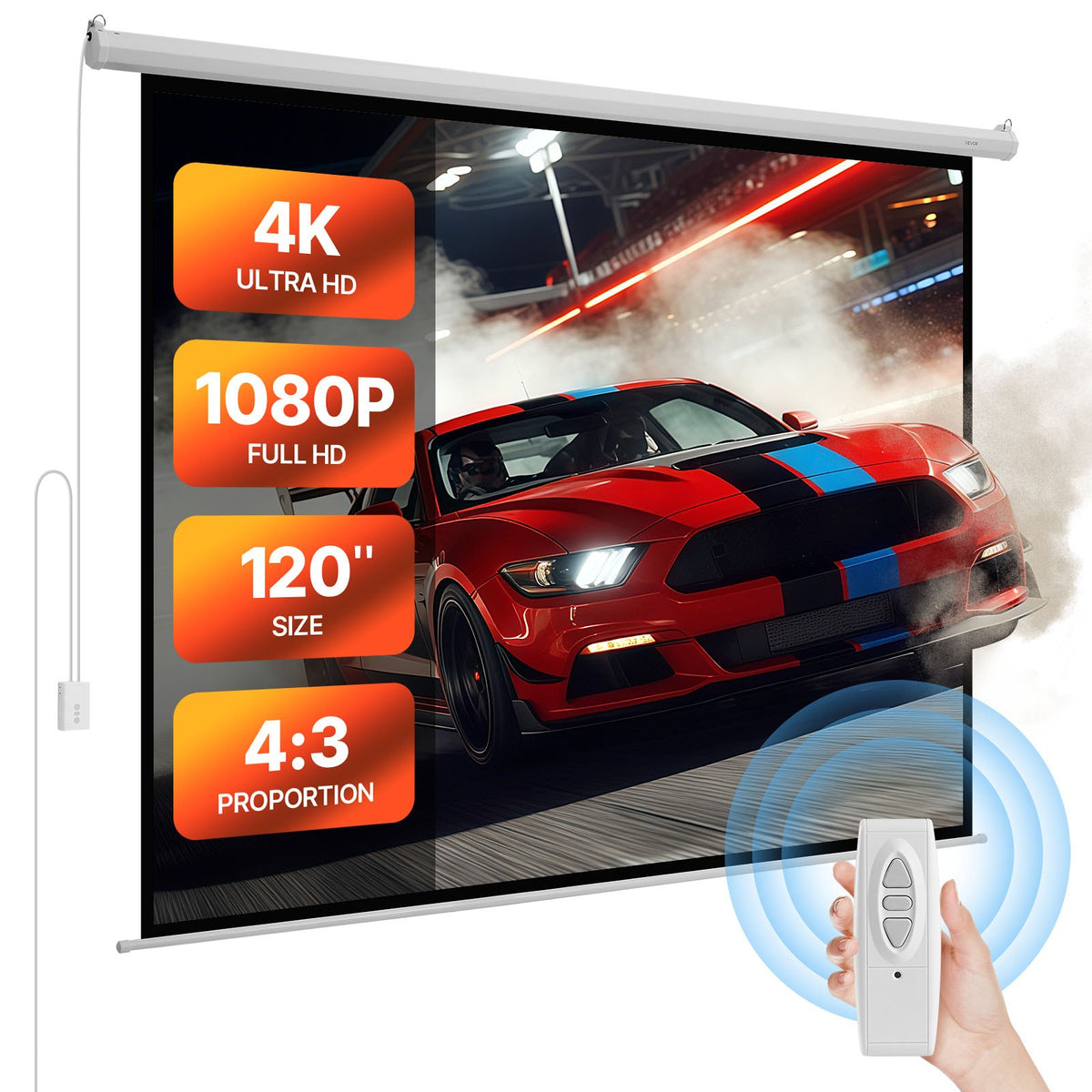 VEVOR Motorized Projector Screen, 120 inch 4:3 1080 HD Electric Projector Screen, Wall Mounted Projection Dispaly Projector with Remote Control, Automatic Movie Screen for Family Home Office Theater - BGSTYPMBGSDD3F45Z001V1 - view 1