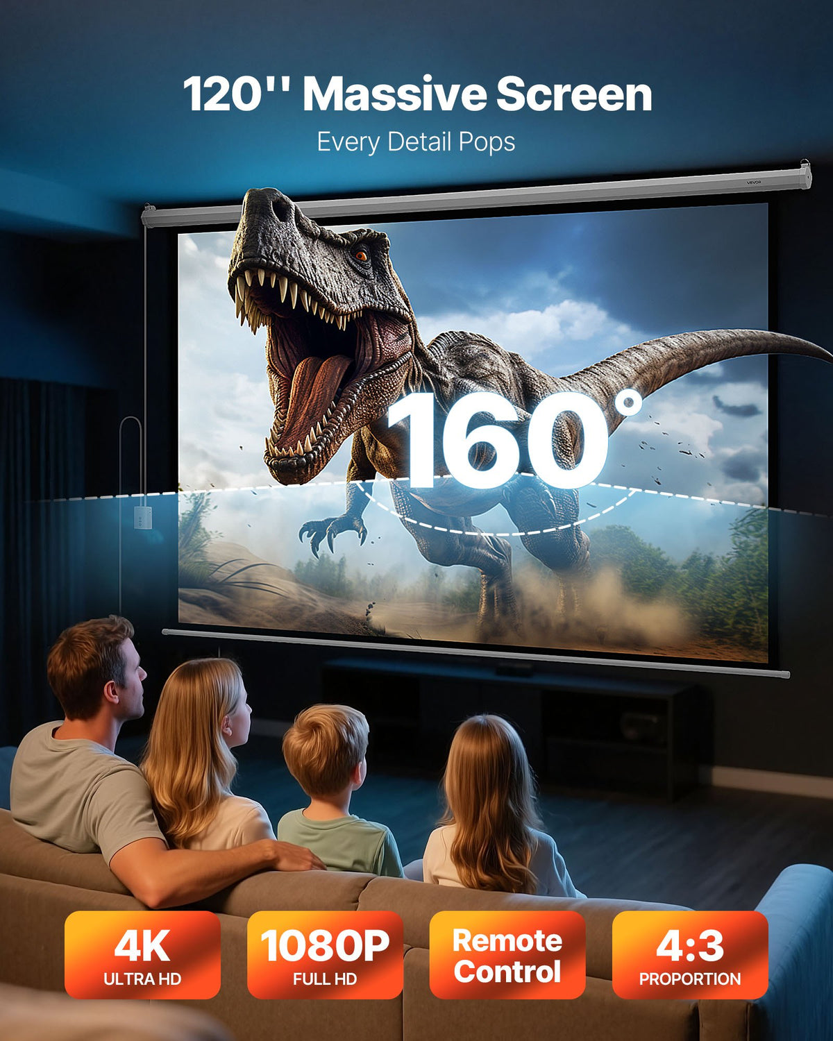 VEVOR Motorized Projector Screen, 120 inch 4:3 1080 HD Electric Projector Screen, Wall Mounted Projection Dispaly Projector with Remote Control, Automatic Movie Screen for Family Home Office Theater - BGSTYPMBGSDD3F45Z001V1 - view 3