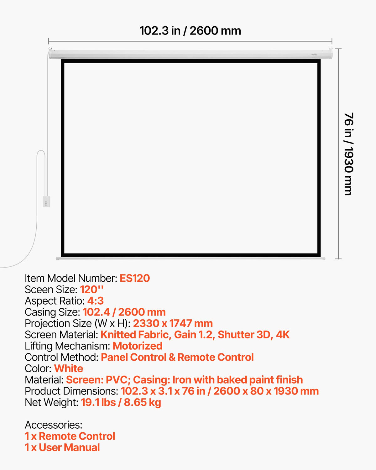 VEVOR Motorized Projector Screen, 120 inch 4:3 1080 HD Electric Projector Screen, Wall Mounted Projection Dispaly Projector with Remote Control, Automatic Movie Screen for Family Home Office Theater - BGSTYPMBGSDD3F45Z001V1 - view 8